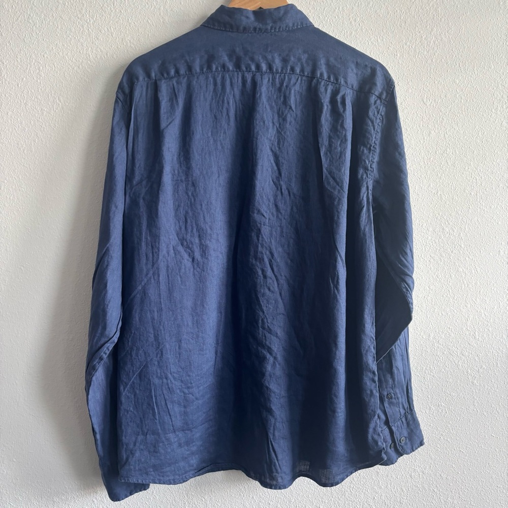 Uniqlo Navy Blue Long Sleeve 100% Linen Casual Button Down Shirt Front Pocket - Picture 6 of 8
